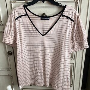 Karl Lagerfeld Light Pink and Black Striped V-Neck Top